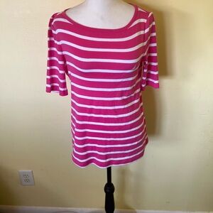 Nautica Women’s Pink and White Striped Women's Quarter Sleeve Top Size Small